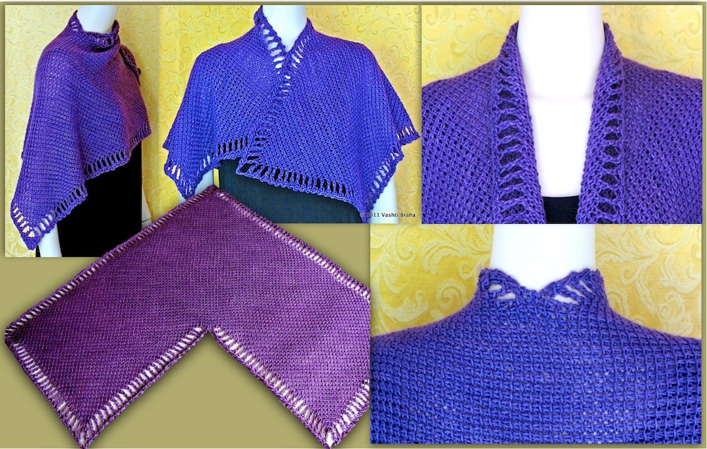 5 views of Five Peaks Tunisian Crochet shawl