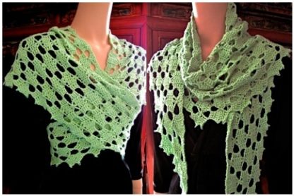 2 views of wrap-sized Frostyflakes crocheted in a light spring green color