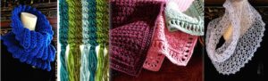 Four kinds of star stitches: corrugated cowl, striped scarf, quilt-like coverlet, sheer glittery lace capelet.