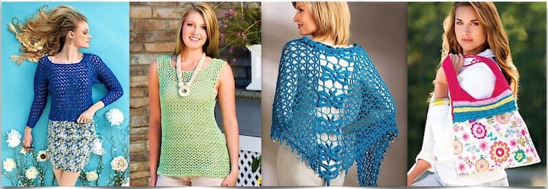Two new crochet top patterns by Doris Chan and two by Jennifer Ryan (an Irish knot wrap and a multicolored tote)