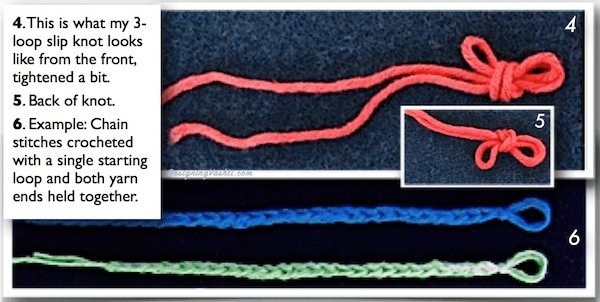 Starting slip knot variation: this one has 3 loops. One goes on your crochet hook; after crocheting, two loops are left.