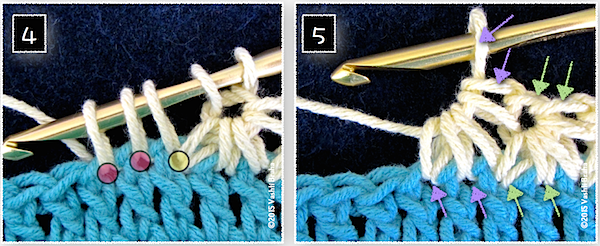 Two red dots (image #4) indicate the two next stitches of the row to crochet the new star stitch into. Image #5 identify what the stitch loops become in a completed star vs while a star in progress.