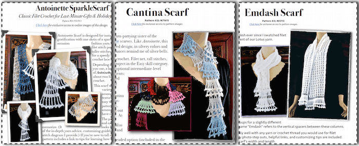 Sister filet scarves: Antoinette Sparklescarf, Emdash, and Cantina Party Flounces