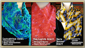 Lcustrine Cowl, Tea Lights, and Bare Bones scarves.