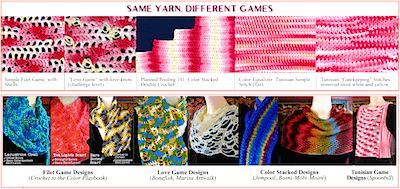 A Gallery of designs and effects for the Stitch Games Crochet class handout.