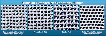 Tunisian extended stitches (Tes) crocheted into each row four different ways (Tefs, Teeks, front post etc)