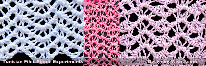 Three Tunisian filet crochet swatches of my ripple pattern attempts.