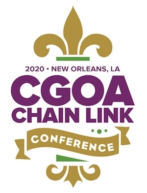 2020 CGOA theme: bold purple text with gold and green with a festive fleur de lys & scroll