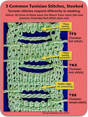 Tunisian simple, knit, and full stitches steeked. Each responds differently.