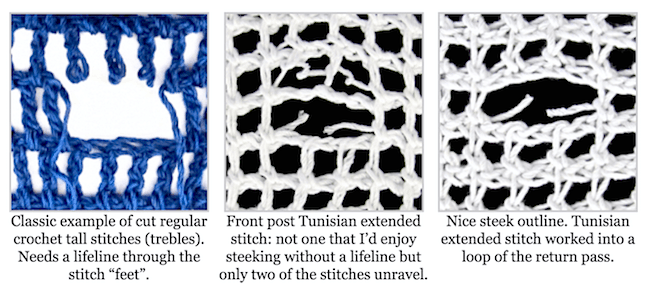 Regular treble crochet stitches, front post Tunisian stitches, and an extended Tunisian stitch pattern.