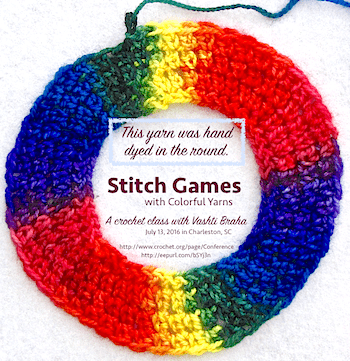 The original announcement for the 2016 "Stitch Games" class; a ring of stacked rainbow colors!