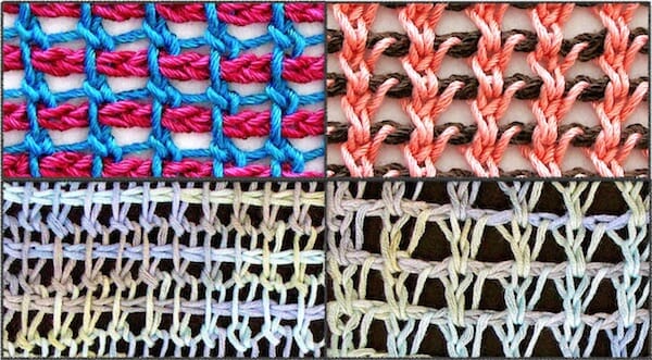 Extended Tunisian stitch patterns in 2-color swatches compared with a one-yarn (softly variegated) version