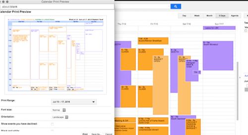 Screenshot of my public conference calendar (orange) and private conference cal (purple) is on the right. Print window is opened to the left and I’ve selected “Landscape”.