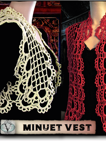 Minuet Vest pattern: regular traditional filet on the left, Tunisian filet on the right (red vest).