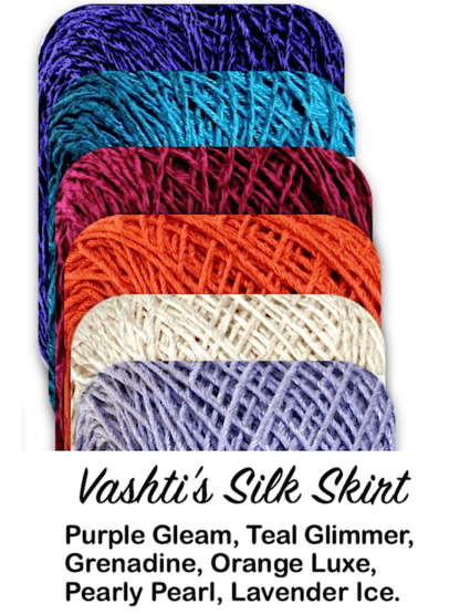 6 Lotus yarn colors: Purple Gleam, Teal Glimmer, Grenadine, Orange Luxe, Pearly Pearl, Lavender Ice