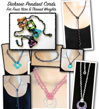 Montage of eight necklaces in four yarn and thread weights styled as lariats and other standard jewelry lengths.