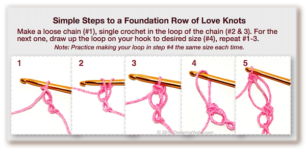 How to crochet a foundation row of love knots (lover's knot, Solomon's knot) in five steps