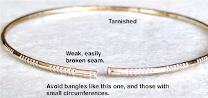Example of a bangle blank to avoid. This one readily tarnishes, and its weak soldered seam has snapped open.