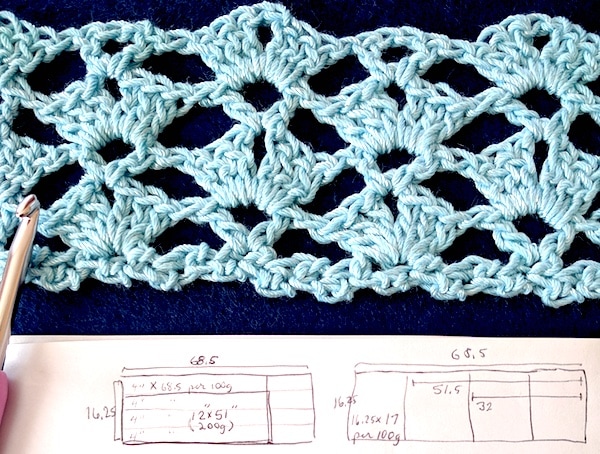 My swatch in Crystal Blue DesigningVashti Lotus yarn, and sketches of scarf and yarn amount options