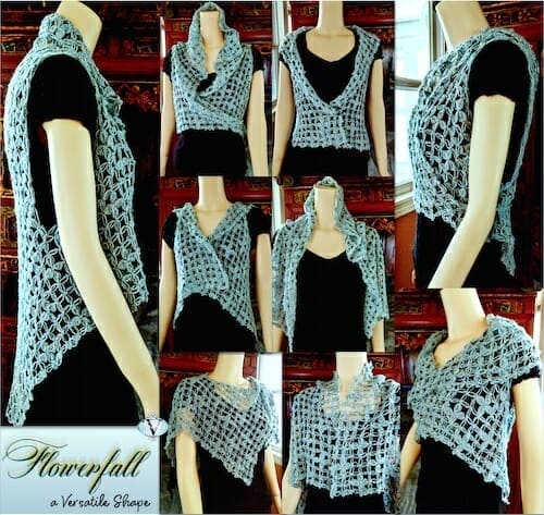 Flowerfall Vest is a versatile shape that can be worn several different ways. Nine shown here.