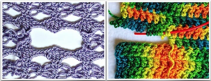 Love knots removed on the left; row of double crochet on the right, which need a lifeline (in red).