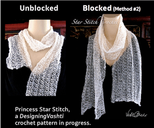 An antique, translucently lacy star stitch before blocking and after.