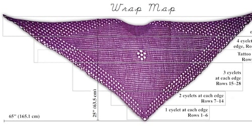 "Wrap Map" schematic for the Eilanner Shawl, an Advanced-Intermediate Tunisian crochet pattern.