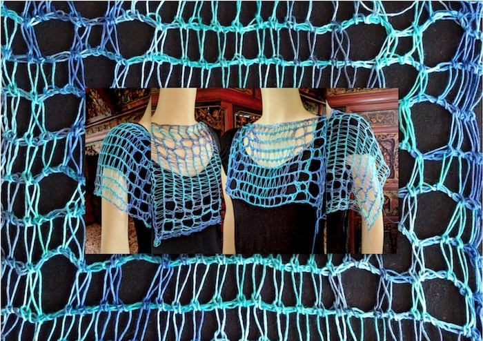 A "spin-off" stitch pattern from Eilanner design, here tested in tencel thread and draped on a mannequin