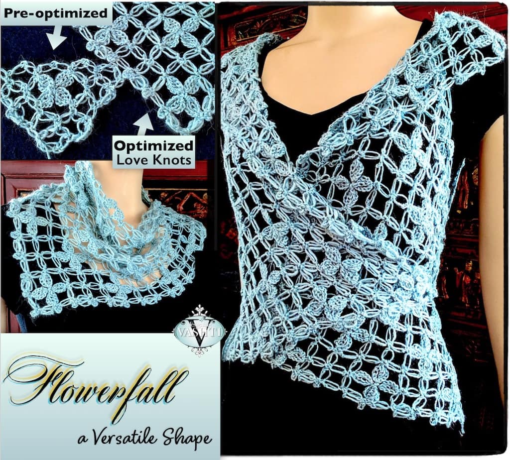 Views of vest and its unique Love Knot stitch pattern for Flowerfall Crochet Class by Vashti Braha