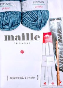 Souvenir yarn and 3 crochet hooks (size 2mm, 2.5mm, and 7mm) from Phildar yarn shop in Paris