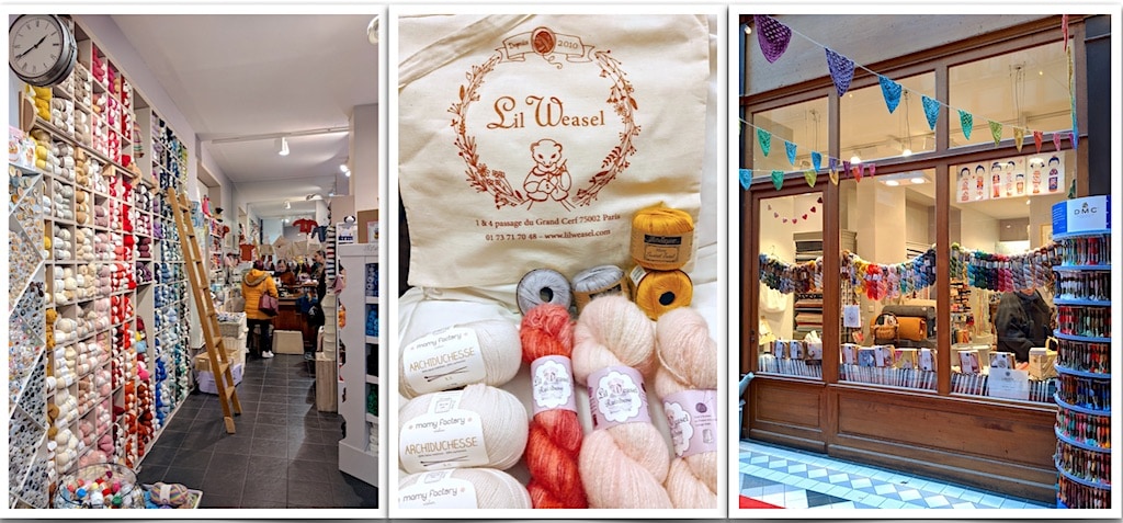 Three views of a Parisian yarn shop: inside, outside, and my souvenir purchases with tote bag