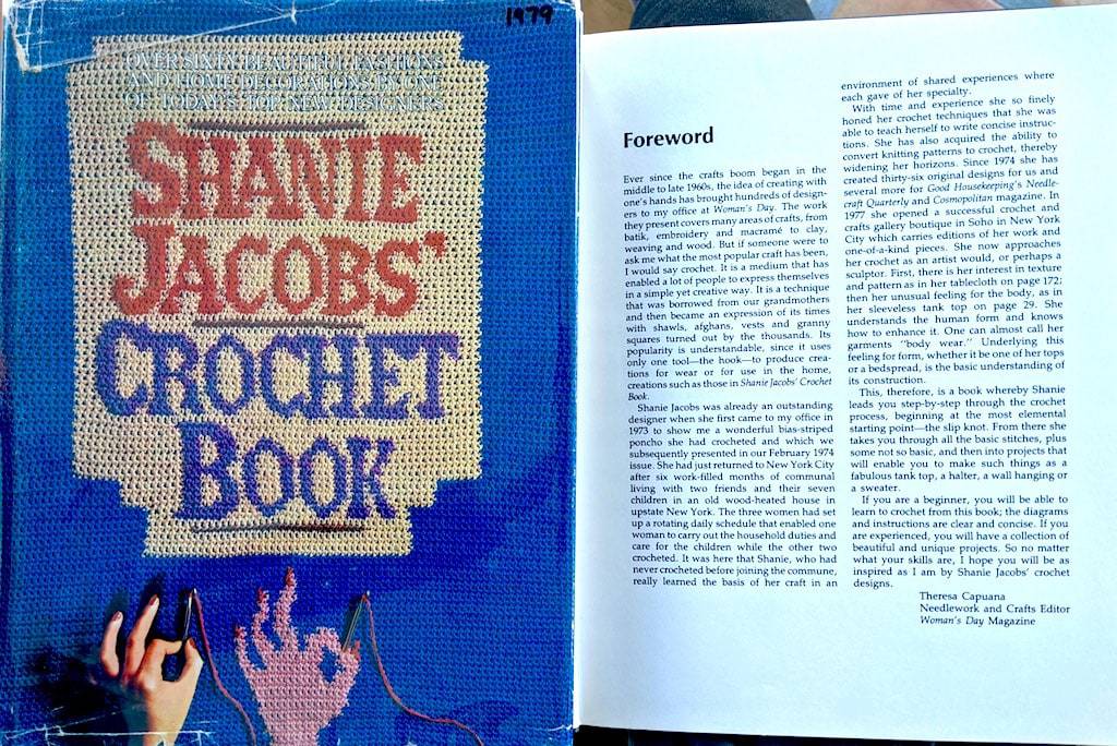 Editor of Theresa Capuana describes Shanie Jacobs' crochet retreat; book cover design is crocheted.