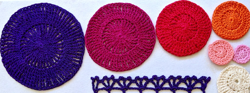 Six crochet circles in graduated sizes of tall stitches from half double crochets up to quadruple trebles.