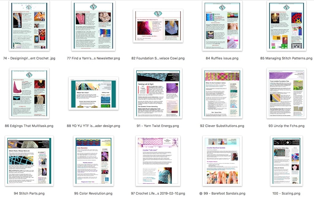 Array of front pages of past Vashti's Crochet Inspirations newsletter issues.