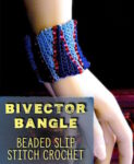 Flat bead crochet of slip stitches in two colors, seamed into a tube shown fitting nicely to the wrist.