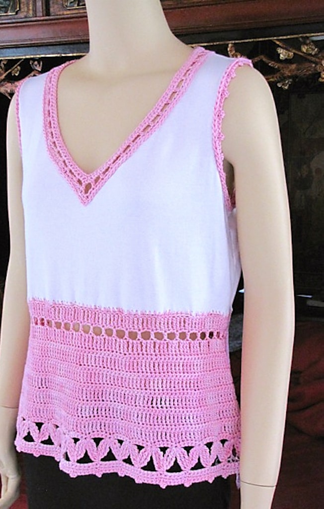 I customized a tank top with crochet edgings and a peplum. Looks great on my mannequin.
