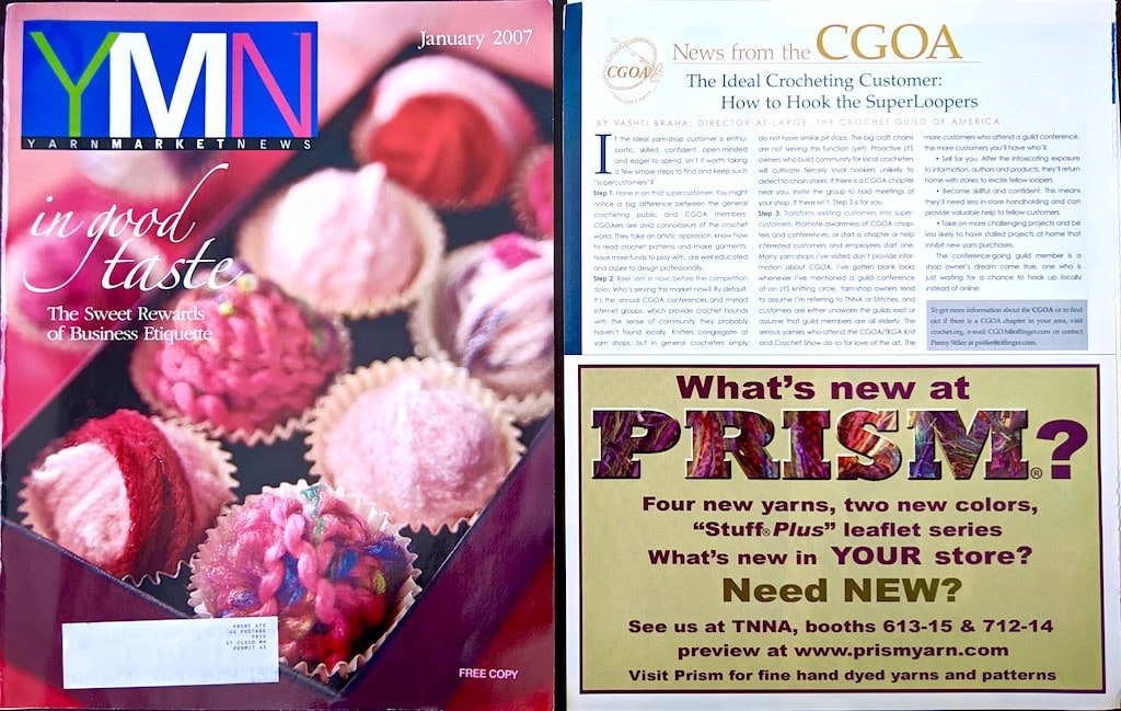 "The Ideal Crocheting Customer" article page and cover of the January 2007 issue of Yarn Market News.