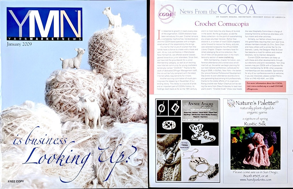 January 2009 Yarn Market News cover and "News from the CGOA" 500-word column page on the growth of CGOA events.