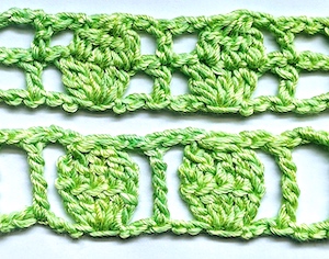 Crochet two rows at once to convert the upper filet-and-cluster-stitch example to the one row version below. Now it's free of connecting lines between each stitch and the whole cluster faces the front.
