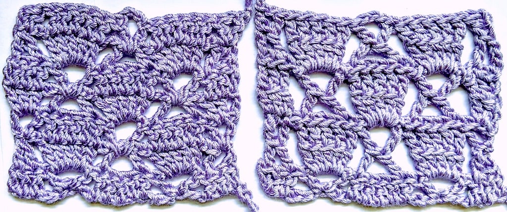 Crochet two rows at once of this lace stitch pattern by using X-stitches and shells of linked taller stitches. One-row version is on the right.