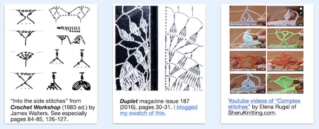 Examples of tall stitch artistry by James Walters, Irene Duplet, Elena Rugal