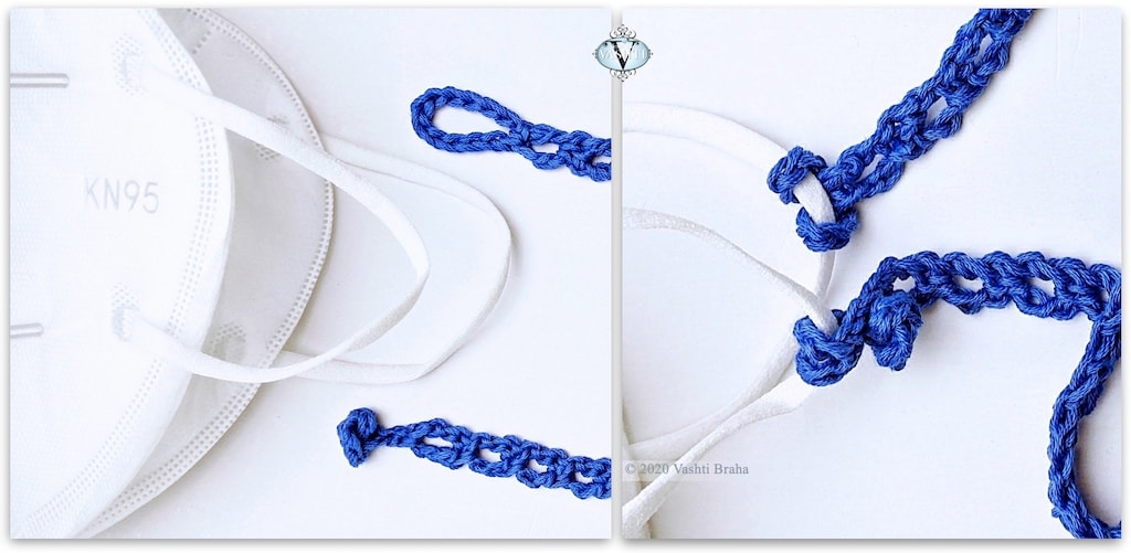 Crocheted fasteners before and after attaching to mask