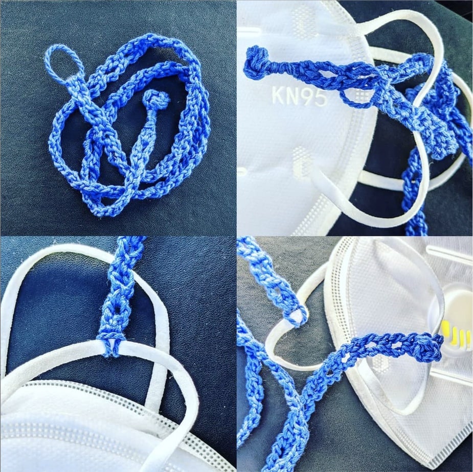 Crochet mask lanyard prototype shows a wrapped fastening loop and button shank.