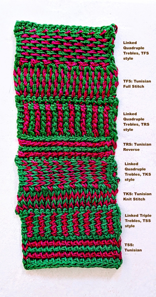 Color-coded swatch of Tunisian and linked stitches side by side.