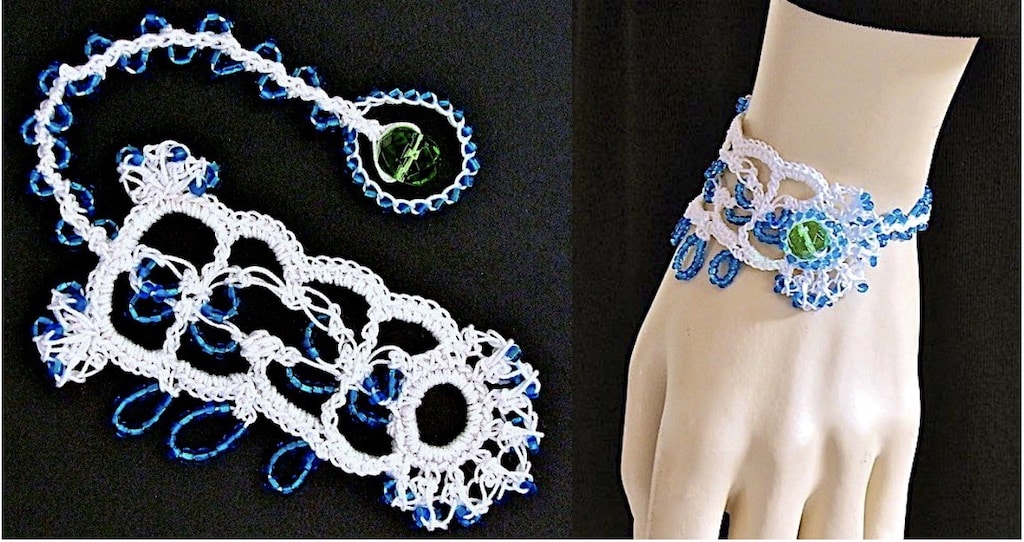 One of a kind white lace love knot bracelet with blue beads.