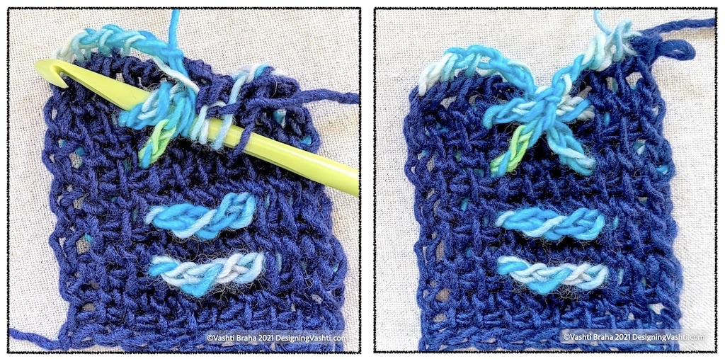 First image shows the crochet hook scooping under two previously completed embossed TYO-groups while completing a return pass. Second image shows the embossed star shape with 6 spokes, now that the return pass is complete.