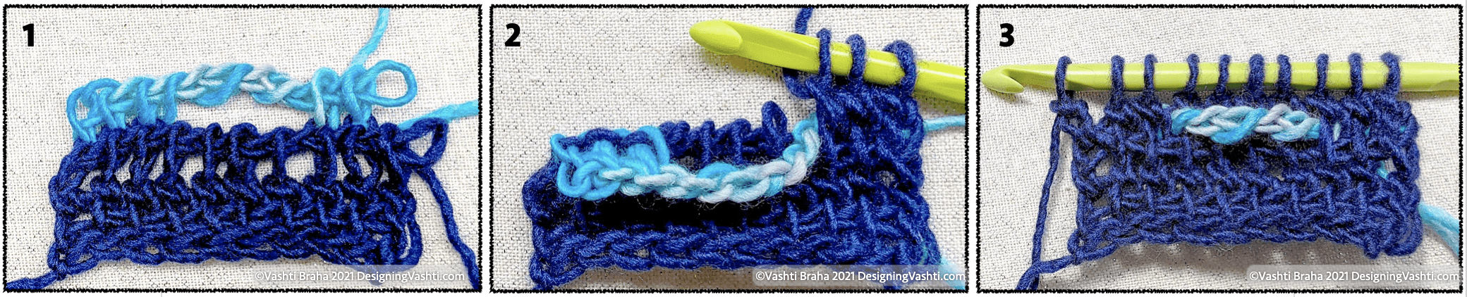 Step 1, what the contrast-colored row of TYO across 4 stitches looks like; step 2, crocheting the next row in front of some stitches to push the contrast color to the back, then fold the TYO group down to the front to crochet into the skipped 4 stitches behind it; step 3, how it looks once the row is completed.