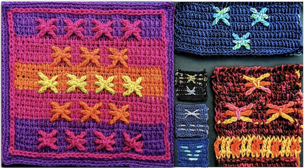 Six swatches of embossed Tunisian color work method: stars with longer spokes and in a range of yarn thicknesses and fibers; also examples of embossed horizontal bars left ungrouped into stars.