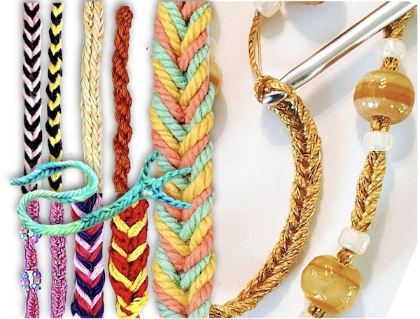 Eleven Herringbone-Chain Cord experiments in fiber, color changes, beading, and stitch size
