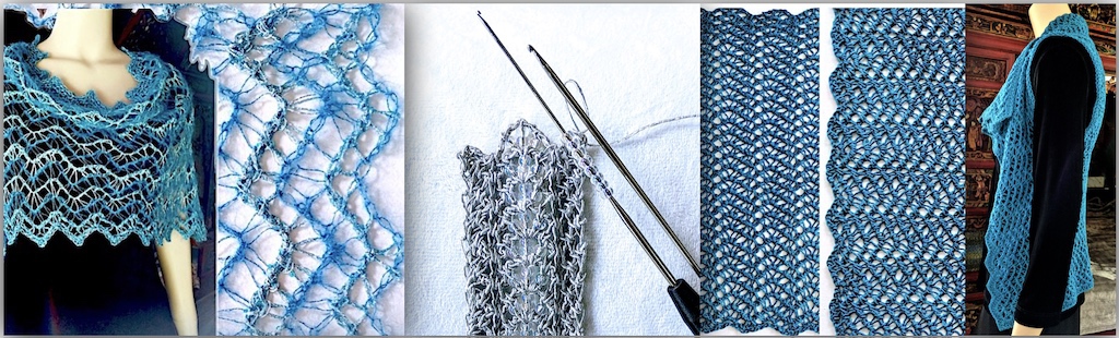 Lacy Tunisian zigzag ripple chevron stitch pattern projects: shawl, beaded bracelet, vest